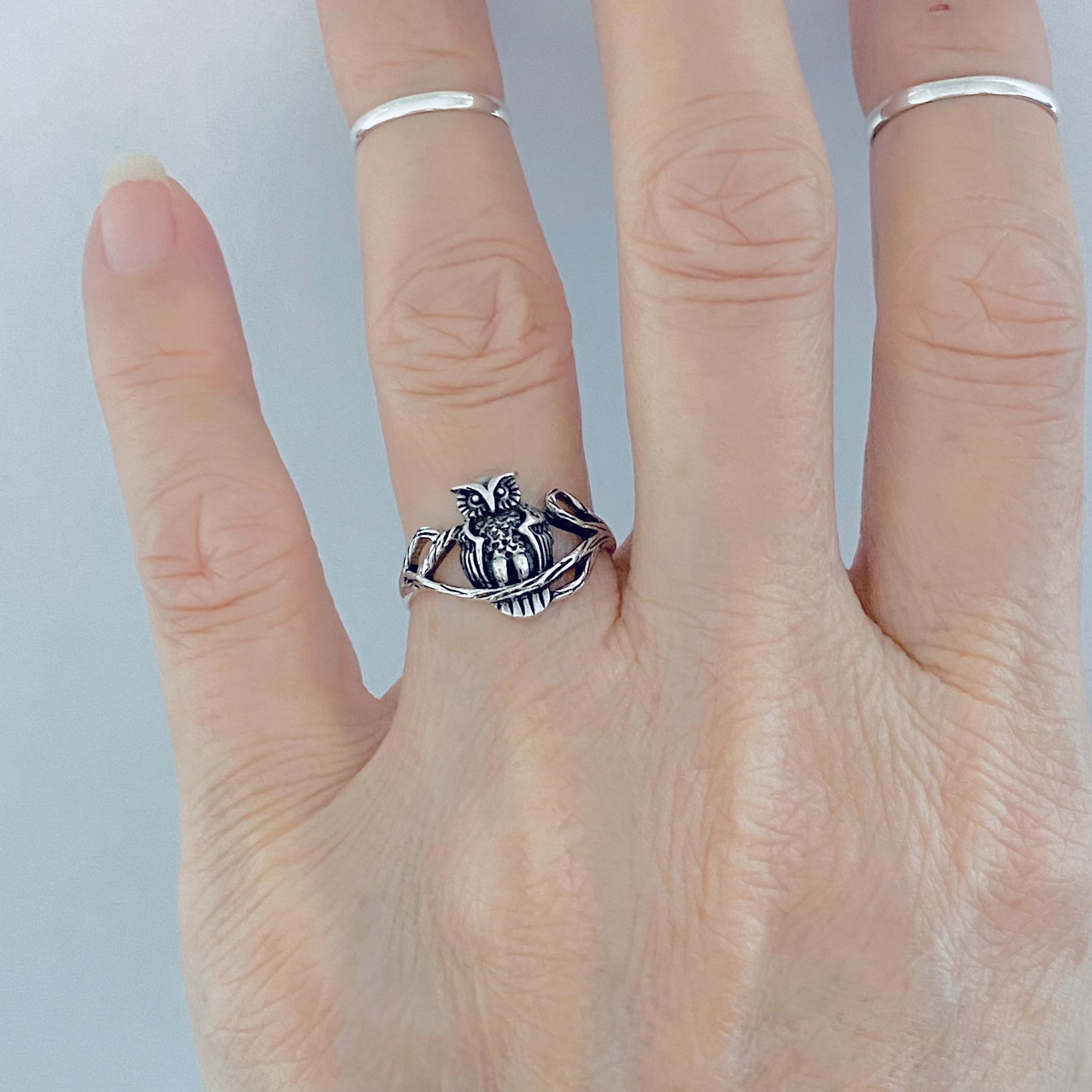 Sterling Silver Owl on Branch Ring: Animal Bird Rings, Spirit Jewelry