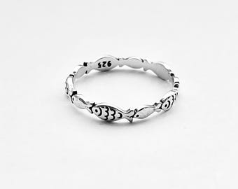 Sterling Silver Little Eternity Fish Band, Ocean Ring, Silver Rings, Animals, Fishes
