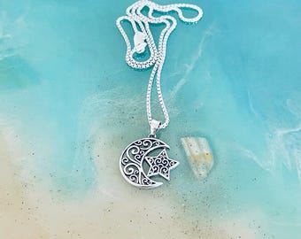 Halskette aus 925er Sterlingsilber mit filigranem Mond- und Sternmotiv, auffälliger Himmelsanhänger, Silberkette