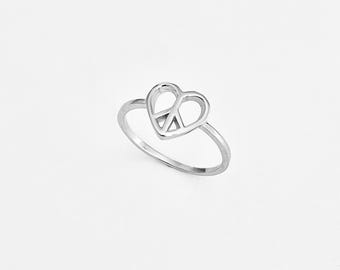 Sterling Silver .925 Peace Sign, Love Ring With Hearts on Each