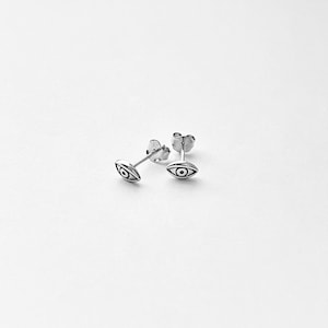 Può includere: Un paio di orecchini d'argento con un piccolo design a forma di occhio. Gli orecchini sono semplici ed eleganti.