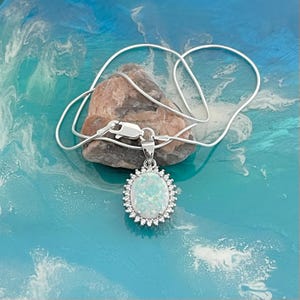 Sterling Silver CZ and White Lab Opal Necklace, Silver Necklaces, October Birthstone Chains