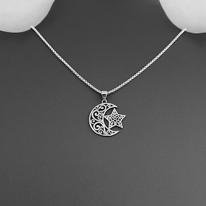 Sterling Silber Filigrane Mond und Stern Halskette, himmlische Halsketten, Silberkette, Sterne