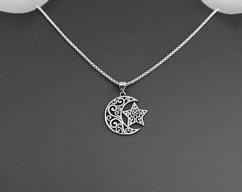 Halsband i filigran med måne och stjärna i sterlingsilver, Himmelska halsband, Silverkedja, Stjärnor