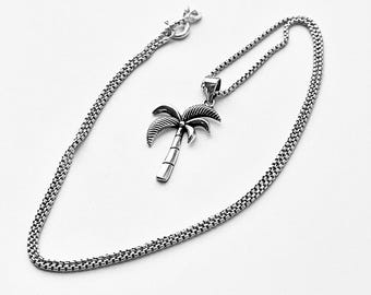 Sterling Silver Small Palm Tree Necklace, Dainty Silver Chain Tropical Trees