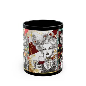 May include: Black ceramic mug featuring a detailed illustration of a woman with octopus tentacles in her hair, holding a glass of red wine. The design includes a skull, gold accents, and a black rim. A unique and artistic drinkware item.