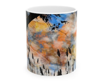 Taza de cerámica con un atardecer sereno, regalo para amantes de la naturaleza, taza de café acogedora, artículos artísticos para beber, decoración única para el hogar, perfecta para los amantes del té.