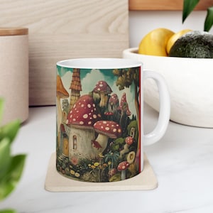 Whimsical Mushroom Houses Fairy Tale Ceramic Mug, Unique Gift for Tea Lovers, Cozy Fae Home Decor, Fantasy Art Drinkware,