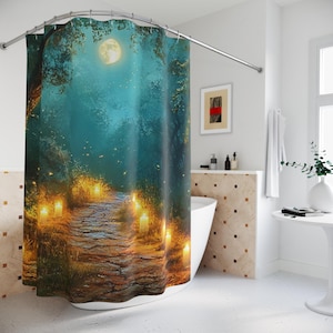 Enchanted Forest Shower Curtain, Mystical Home Decor, Nighttime Vibes, Cozy Bathroom Accessory, Gift for Nature Lovers, Fantasy Decor
