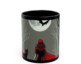 Mystieke zwarte mok Roodkapje, betoverende drinkgerei, gotisch decor, verhalenliefhebbers, gezellige herfstsfeer, fantasieliefhebbers