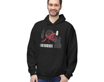 May include: Black hoodie with a red graphic of an octopus-like creature and the text "TO SEE A WORLD IN A GRAIN OF SAND..." and "AND A HEAVEN IN A WILD FLOWER..." The hoodie has a barcode design and the year 2006.