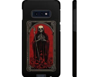 ゴシックスカルのスマホケース、エッジの効いたスマホカバー、Samsungスマホ用タフケース、ホラーファンへのユニークなギフト、ダークな雰囲気のアクセサリー
