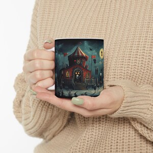 Whimsical dark Circus Ceramic Mug, Unique Gift for Spooky Season, Decorative Coffee Cup for Fall, Halloween Party, Ghostly Design