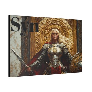 May include: A woman in armor sits on a throne with a sword and shield. The throne is ornate and gold. The woman has long blonde hair and is wearing a red cape. The text "Syn" is in the top left corner of the image.
