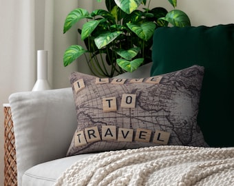 Lumbale kussen reizen thema, ik hou van reizen decor, reizen minnaar cadeau, vintage kaart interieur kussen, Wanderlust accent kussen