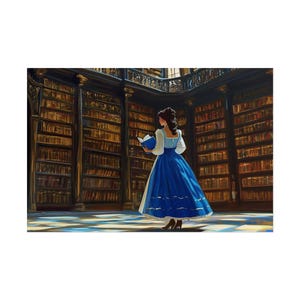 Può includere: Una donna con un vestito blu e bianco si trova in una grande biblioteca, tenendo un libro in mano. La biblioteca ha alte librerie piene di libri.