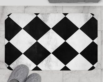Chic Black and White Checker Bath Mat, Gothic Bathroom Decor, Light Non-slip Comfort Rug, Classic Harlequin, Stylish Bathroom Accessories