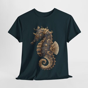 Steampunk Seahorse Tee, Unisex Heavy Cotton TShirt, Nautical Gift, Ocean Lover Shirt, Unique Graphic Tee, Gothic Beachwear image 1