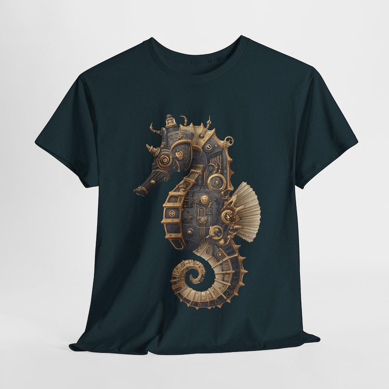 Steampunk Seahorse Tee, Unisex Heavy Cotton TShirt, Nautical Gift, Ocean Lover Shirt, Unique Graphic Tee, Gothic Beachwear image 1