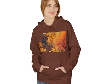 Fall Trees and Raven Hoodie, Cozy Autumn Pullover, Unisex Fleece, Perfect Gift for Nature Lovers, Seasonal Celebrate Warmth