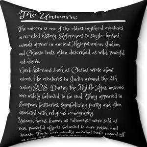 Magical Unicorn Decorative Pillow, History of the Unicorn Enchanted Home Decor, Gift for Unicorn Lovers, Cozy Accent for Living Room