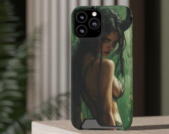 May include: A phone case with a green and black design featuring a woman with horns and a dark green background.