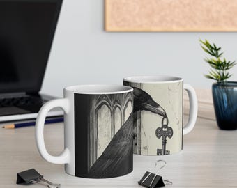 Mystical Raven Mug, Black Crow Coffee Cup, Gothic Style Drinkware, Perfect Gift for Bird Lovers, Halloween Decor