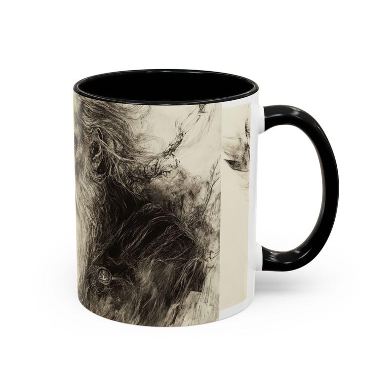 May include: White ceramic mug with a black interior and handle. The mug displays a detailed black and white illustration of a person's face. The design is artistic and resembles a pencil or charcoal drawing.