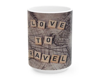 Ik hou van reizen avontuur inspirerende keramische mok, liefde om te reizen thema, reiscadeau, koffieliefhebber, Wanderlust mok, cadeau voor reizigers