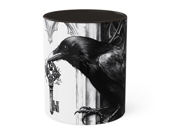 Mystical Raven Mug | 11oz Coffee Cup, Gothic Art Drinkware, Raven Decor, Unique Gift for Bird Lovers, Halloween Vibes