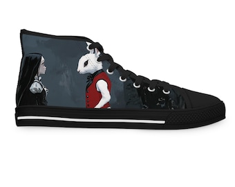 Alice in Wonderland Inspired Women's High Top Sneakers, Trendy Fashion Footwear, Feature Alice and the White Rabbit Great for Casual Outings