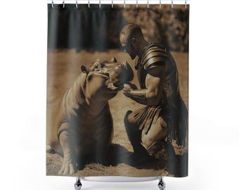 Epic Hippo Warrior Shower Curtain - Unique Bathroom Decor, Animal Lover Gift, Fun Home Accessory, Rustic Style, Gladiator Theme