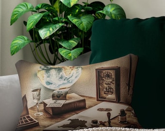 Lendenkussen vintage reisthema, gezellig huisdecor, perfect voor avonturiers, cadeau voor reizigers, uniek wereldbol sierkussen