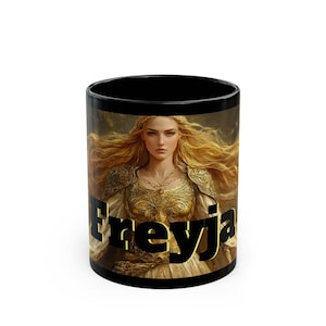 Mythical Freyja Black Mug - Norse Mythology Enchanting Coffee Cup, Fantasy Art Drinkware, Gift for Her, Unique Home Decor, Perfect for Fans