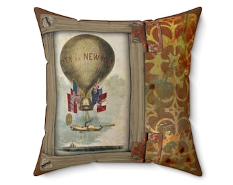 Vintage New York luftballong kuddfodral, bruna och beige accenter heminredning, present, kudde, accentkudde, mysigt rum, resentusiast