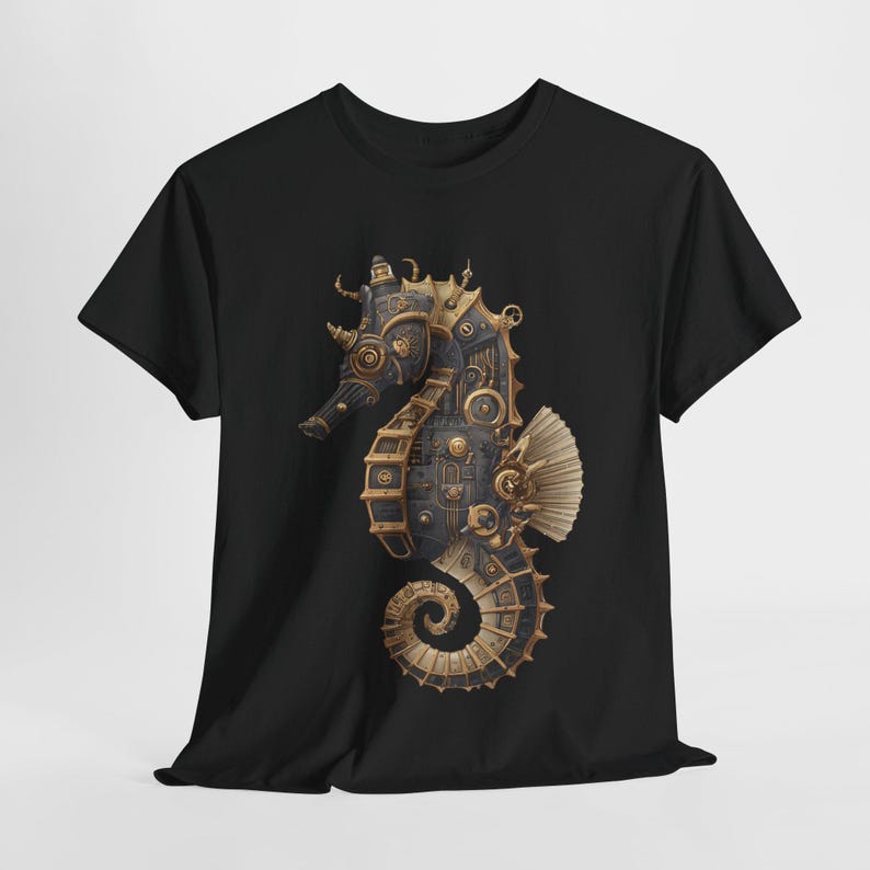 Steampunk Seahorse Tee, Unisex Heavy Cotton TShirt, Nautical Gift, Ocean Lover Shirt, Unique Graphic Tee, Gothic Beachwear image 8