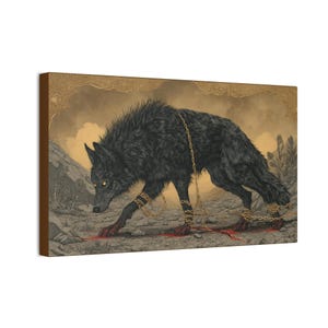 May include: A canvas print featuring a black wolf with glowing yellow eyes, chained with gold chains. The wolf stands on a rocky surface with a trail of red blood. The background has a golden hue.