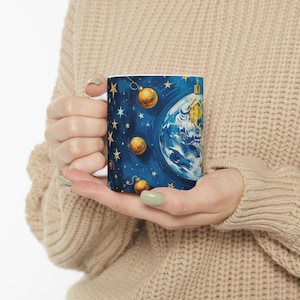 Celestial Christmas Mug, Earth and Stars Design, Holiday Gift, Cosmic Coffee Cup, Galaxy Lover Gift, Festive Tea Mug, Decorative Drinkware