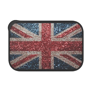May include: Rectangular black case featuring a Union Jack design. The flag is rendered in red, white, and blue sequins, creating a sparkling effect. The case has rounded corners and a smooth, matte finish.