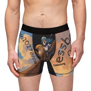 May include: Boxer briefs with a black waistband and a colorful graphic design. The design features a woman with blue hair riding a griffin against a sunset background. The text "Bro2027Brown" and "Jess" are also visible.