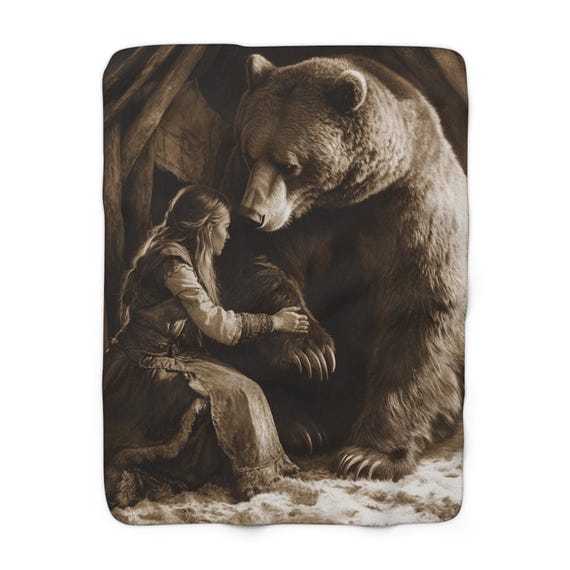 Viking House Bear Depiction Cozy Sherpa Fleece Blanket, Soft Throw