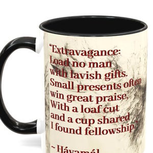May include: A white ceramic mug with a black handle and rim. The mug features a quote in black and red text against a marbled background. The quote is from H&aacute;vam&aacute;l.