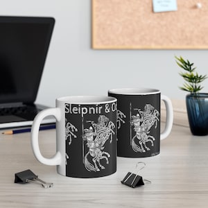 Viking Mythology Mug - Black Odin Sleipnir Design, Norse Gift, Coffee Cup, Unique Decor, Fantasy Fan Mug