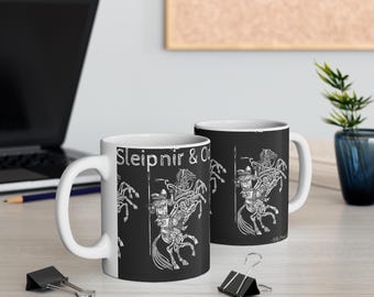 Viking Mythology Mug - Black Odin Sleipnir Design, Norse Gift, Coffee Cup, Unique Decor, Fantasy Fan Mug
