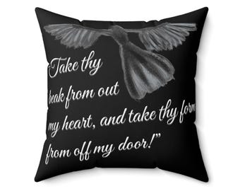 Citazione del corvo, cuscino quadrato ispirato a Poe, decorazione del corvo, accento gotico per la casa, regalo letterario, decorazione con citazioni classiche, disse il corvo