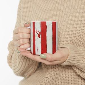 Rustic Striped Ceramic Mug, Vintage Coffee Cup, Perfect for Home Decor, Great Gift for Friends, Red and White Stripes