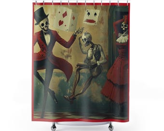 Vintage skelet douchegordijn, gothic en steampunk badkamerdecor, gotische badkamer, schedel woonaccessoires, uniek cadeau-idee