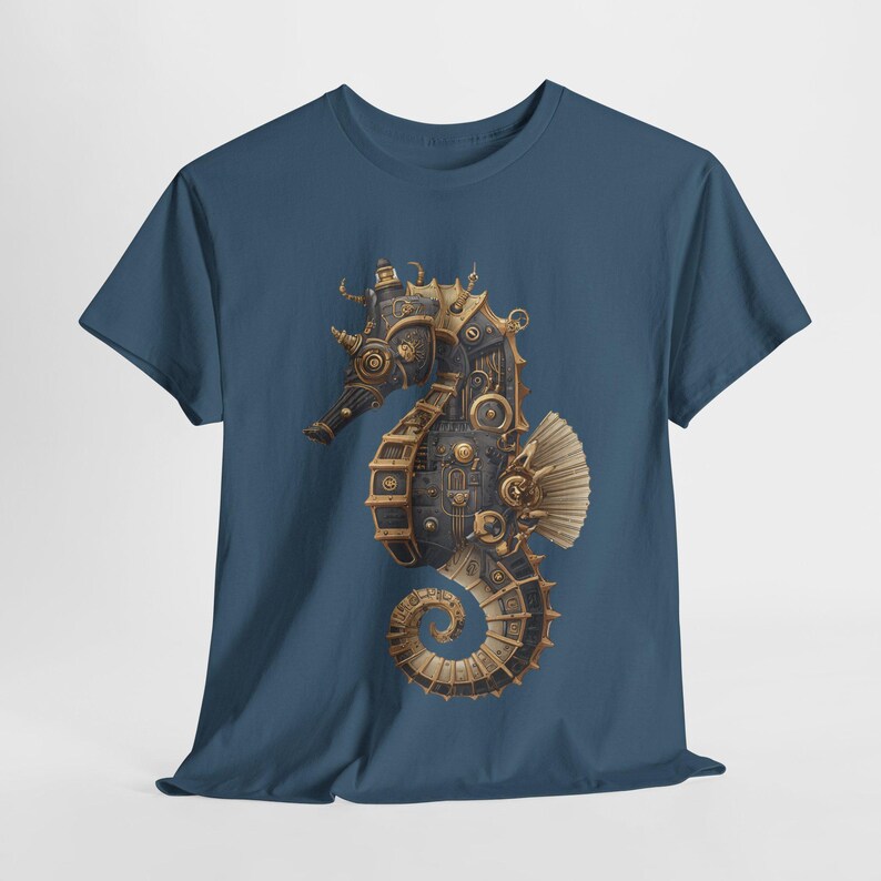 Steampunk Seahorse Tee, Unisex Heavy Cotton TShirt, Nautical Gift, Ocean Lover Shirt, Unique Graphic Tee, Gothic Beachwear image 2