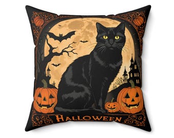Almohada de gato para Halloween, cojín de gamuza sintética, decoración espeluznante para el hogar, adorno de gato negro otoñal, regalo para amantes de los gatos, decoraciones de brujas otoñales