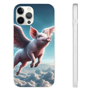 May include: A white phone case featuring a whimsical illustration of a flying pig with pink wings, set against a blue sky with fluffy clouds. The pig is smiling, creating a cheerful and imaginative design.